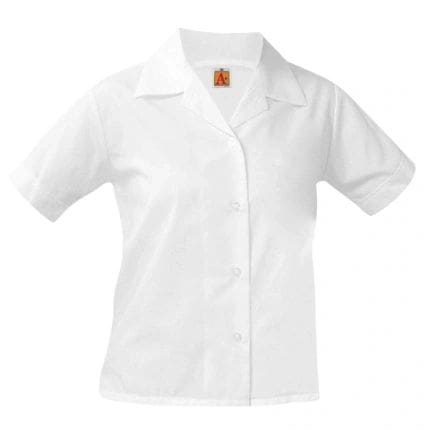 A white shirt with short sleeves and a button down collar.