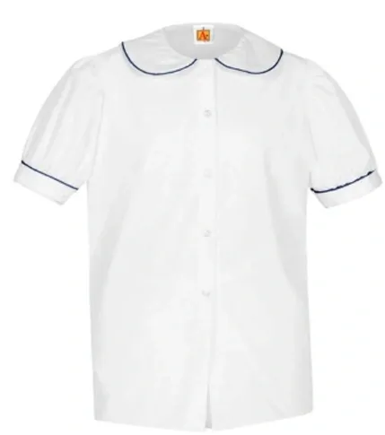 A white shirt with blue trim on the collar.