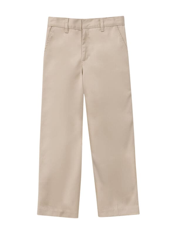 A pair of khaki pants sitting on top of a white table.