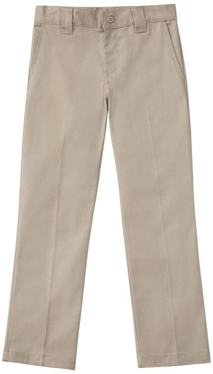 A pair of pants that are tan and there is a white background