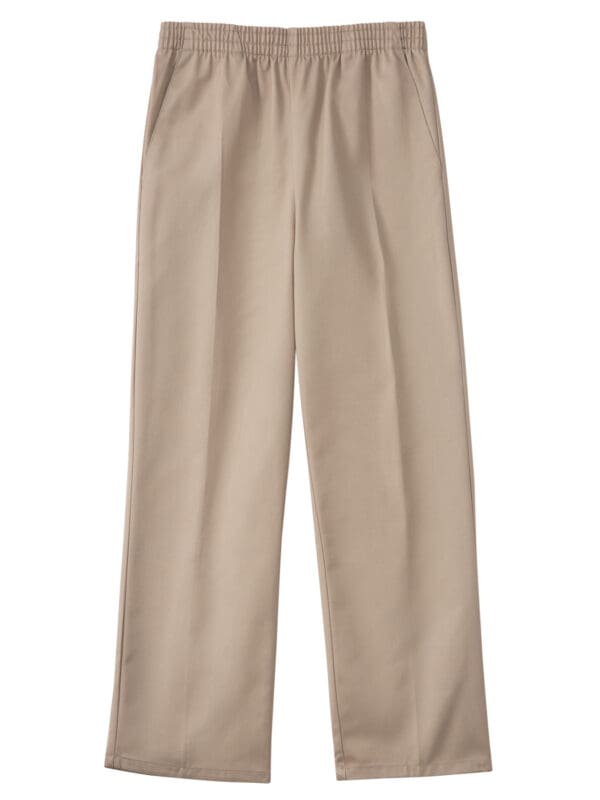 A pair of pants that are tan and have a belt.