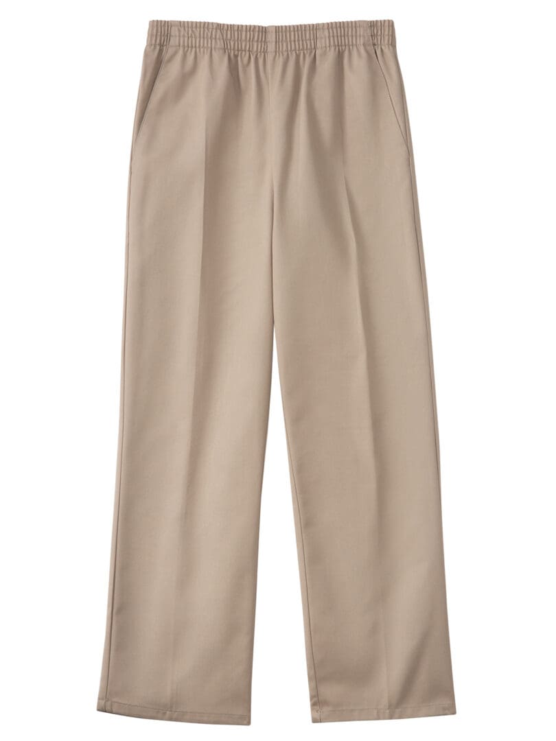 A pair of pants that are tan and have a belt.