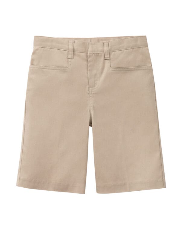 A pair of khaki shorts with a white shirt.