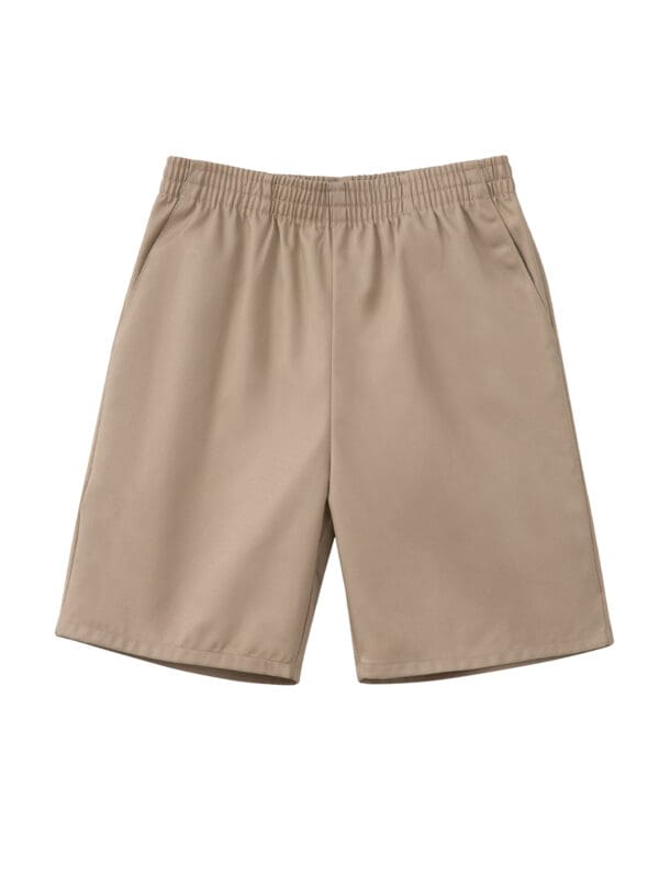 A pair of khaki shorts with a pocket on the side.