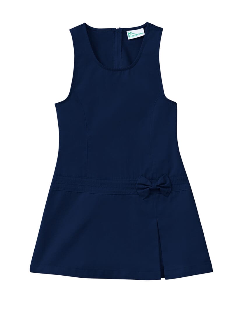 A navy blue dress with a bow on the side.