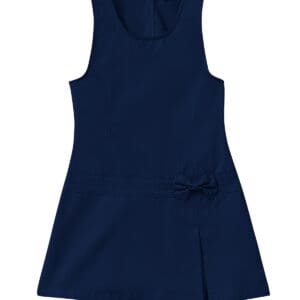 A navy blue dress with a bow on the side.