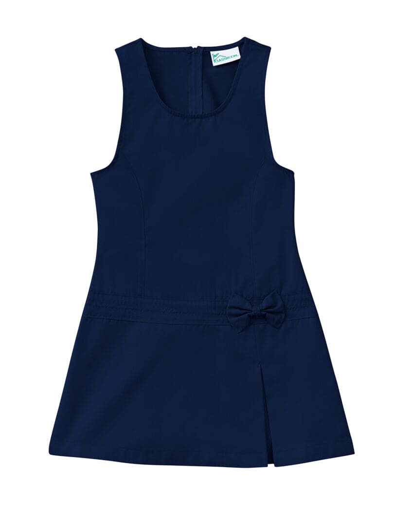 A navy blue dress with a bow on the side.