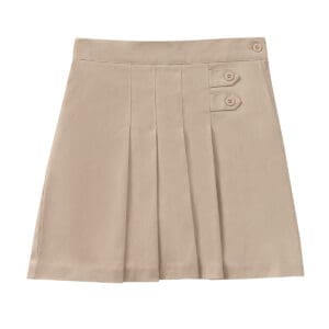 A tan skirt with an embroidered logo on the front.