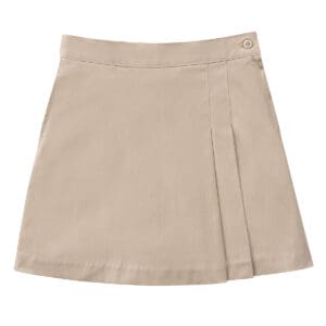 A tan skirt with two side pockets.