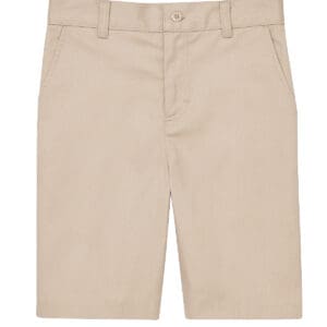 A pair of khaki shorts with a white stripe on the side.