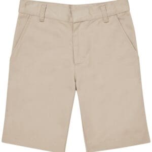 A pair of khaki shorts with a white stripe on the side.