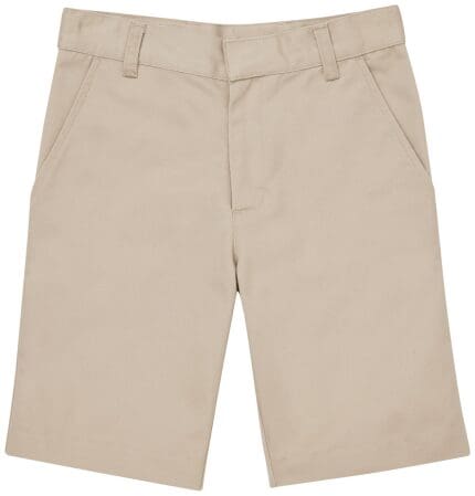 A pair of khaki shorts with a white stripe on the side.