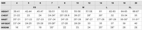 A table with the size of each clothing item.