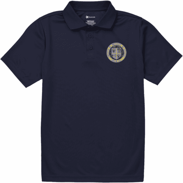 A navy blue polo shirt with an emblem on the chest.