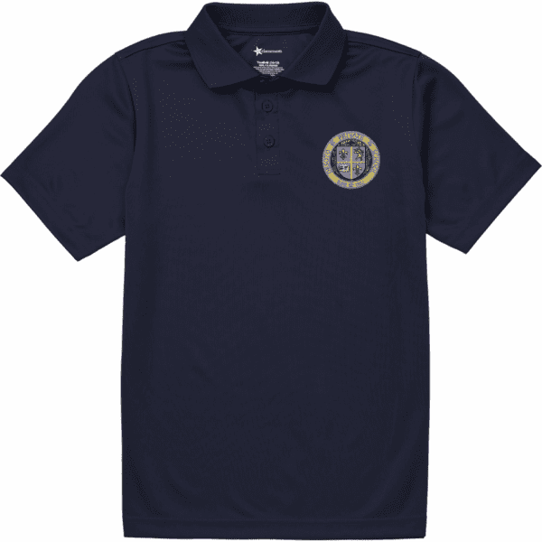 A navy blue polo shirt with an emblem on the chest.