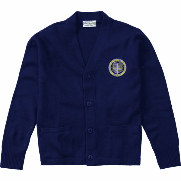 A blue cardigan with a crest on the front.