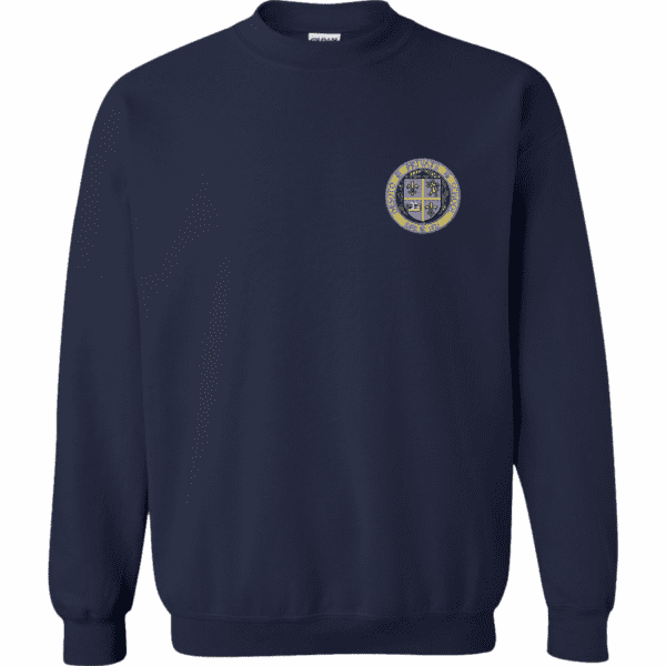 A navy blue sweatshirt with an emblem on the front.