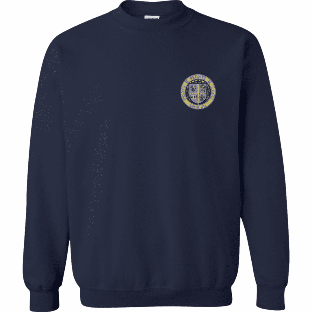 A navy blue sweatshirt with an emblem on the front.