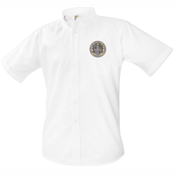 A white shirt with a black and gold logo.