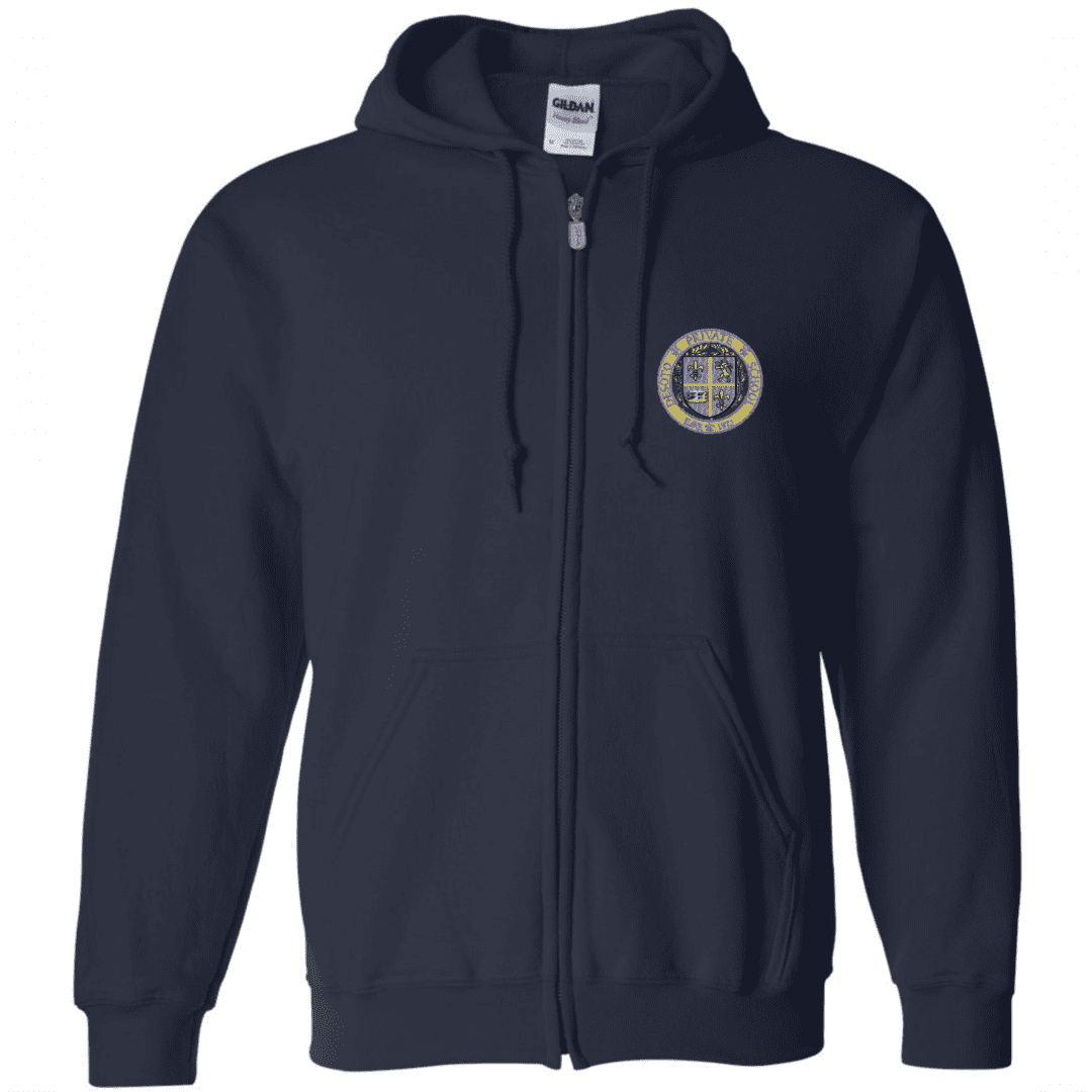 A navy blue zip up hoodie with the logo of a seal.