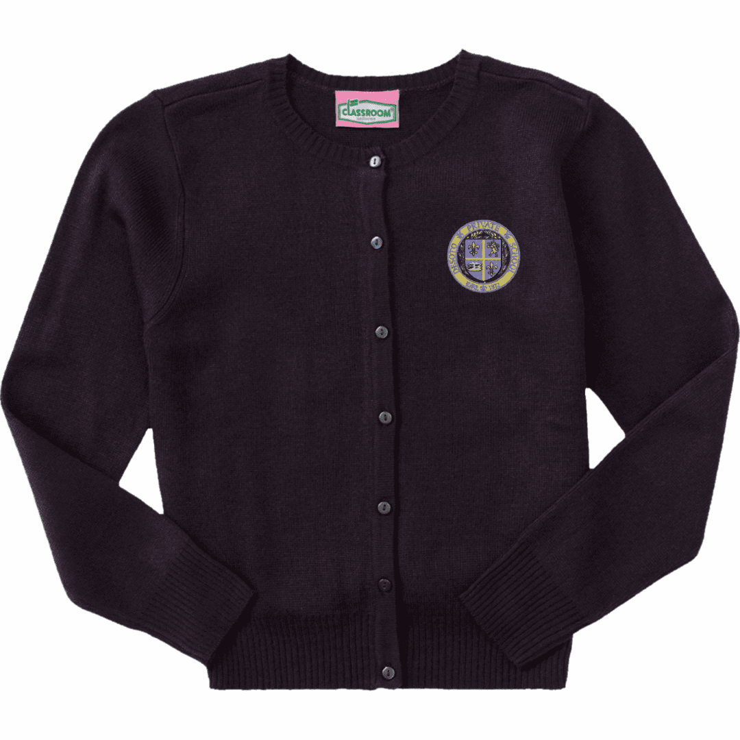 A black cardigan with a lion emblem on the front.