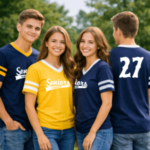 Smiling high school seniors wearing senior shirts