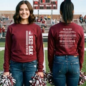 Cheerleaders in Red Oak shirts holding pom-poms.